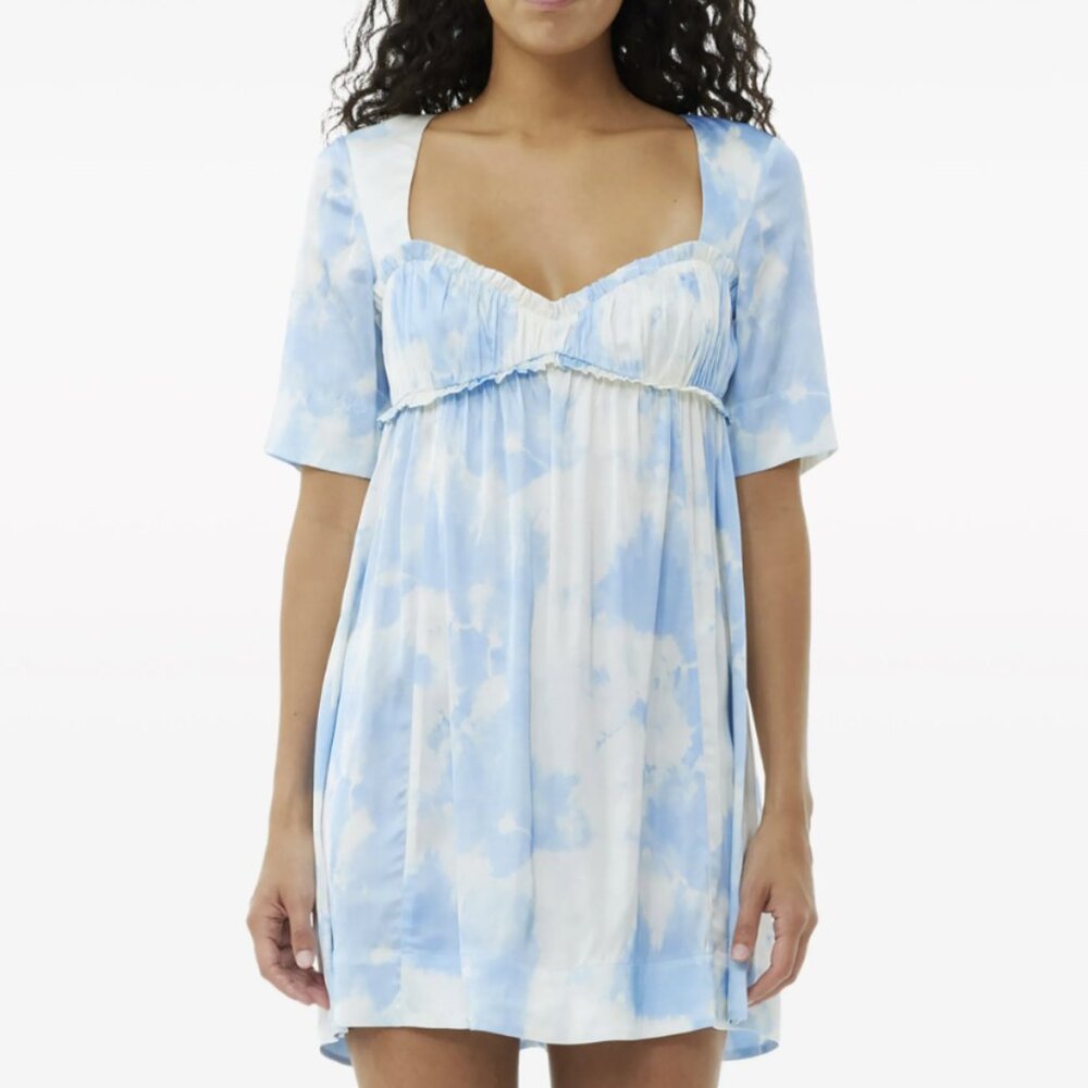 GANNI Blue & White Tie Dye Graphic Print Satin Short Sleeve Mini Dress